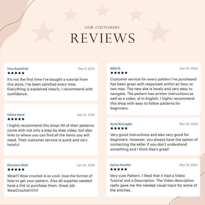 May include: A light beige graphic with the text "OUR CUSTOMERS' REVIEWS" and customer testimonials. The reviews are displayed in a grid format, each with a customer's name, date, and a star rating.