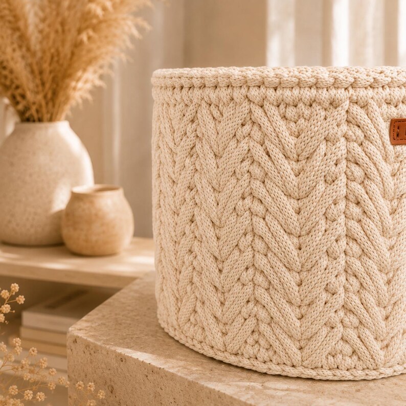 Puede incluir: Una cesta de almacenamiento cil&iacute;ndrica hecha de cuerda gruesa de color crema con un patr&oacute;n de tejido de espiga. La cesta incluye una peque&ntilde;a etiqueta rectangular de color marr&oacute;n con aspecto de cuero en el borde superior lateral.