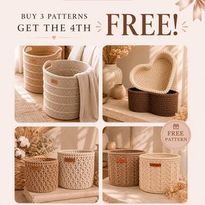 Puede incluir: Un anuncio digital con patrones de ganchillo para cestas. El texto dice SPECIAL OFFER BUY 3 PATTERNS GET THE 4TH FREE. Las im&aacute;genes muestran varias cestas tejidas redondas y en forma de coraz&oacute;n en tonos beige y marr&oacute;n con etiquetas.