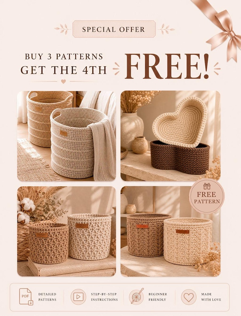 Puede incluir: Un anuncio digital con patrones de ganchillo para cestas. El texto dice SPECIAL OFFER BUY 3 PATTERNS GET THE 4TH FREE. Las im&aacute;genes muestran varias cestas tejidas redondas y en forma de coraz&oacute;n en tonos beige y marr&oacute;n con etiquetas.