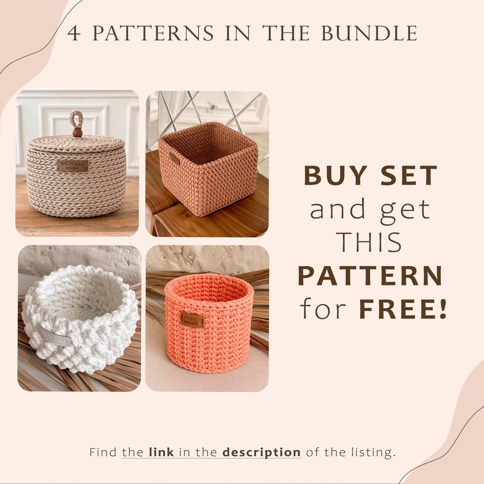 Crochet Pattern Basket Square Crocheted Home Decor Storage PDF Pattern