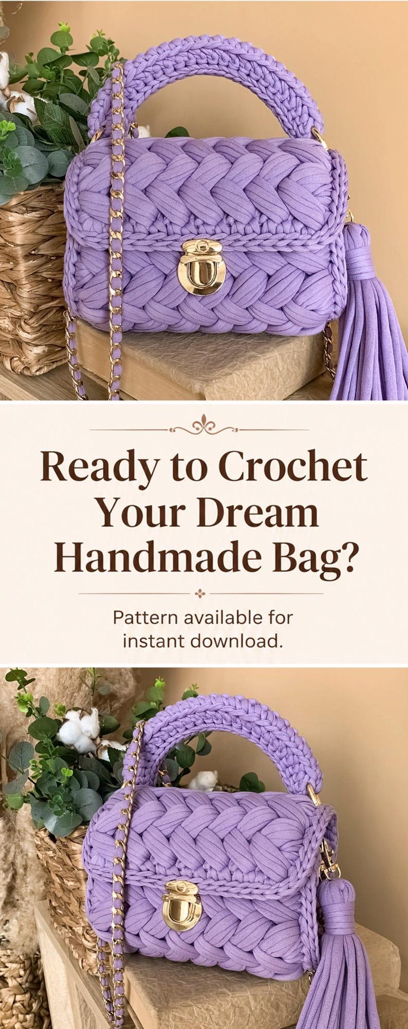 Crochet Marshmallow Bag Pattern T-Shirt Yarn Puffy Purse Tutorial PDF Crocheted Luxury Handbag