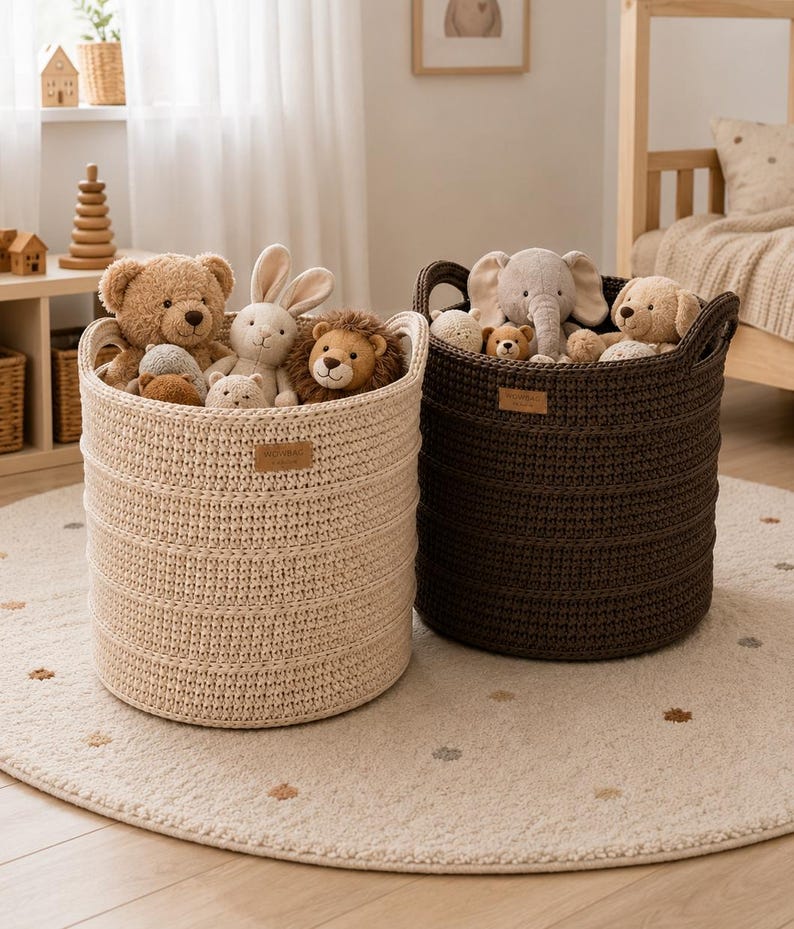 Puede incluir: Dos cestas de almacenamiento cil&iacute;ndricas tejidas, una de color crema y otra marr&oacute;n oscuro, cada una con asas laterales integradas y una peque&ntilde;a etiqueta rectangular de marca. Las cestas est&aacute;n llenas de varios peluches, incluyendo un oso y un le&oacute;n.