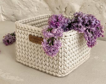 Patrón de ganchillo para cesta cuadrada de cuerda, cesta de almacenamiento tejida, proyecto de decoración del hogar, tutorial en PDF.