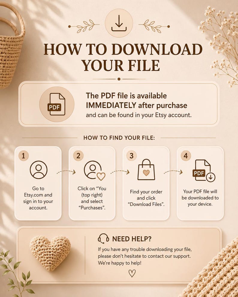 May include: An instructional graphic titled HOW TO DOWNLOAD YOUR FILE with a four-step guide. Steps include signing into an Etsy account, selecting Purchases, clicking Download Files, and downloading the PDF. Includes a NEED HELP section with support contact information.