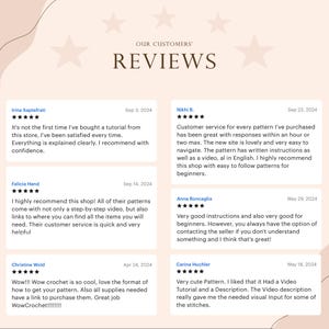 Puede incluir: Cinco rese&ntilde;as de clientes para una tienda de patrones de crochet. Cada rese&ntilde;a incluye una calificaci&oacute;n de estrellas, el nombre del cliente, la fecha de la rese&ntilde;a y un comentario escrito. Las rese&ntilde;as son positivas y destacan el servicio al cliente de la tienda, los patrones f&aacute;ciles de seguir y los &uacute;tiles tutoriales en video.