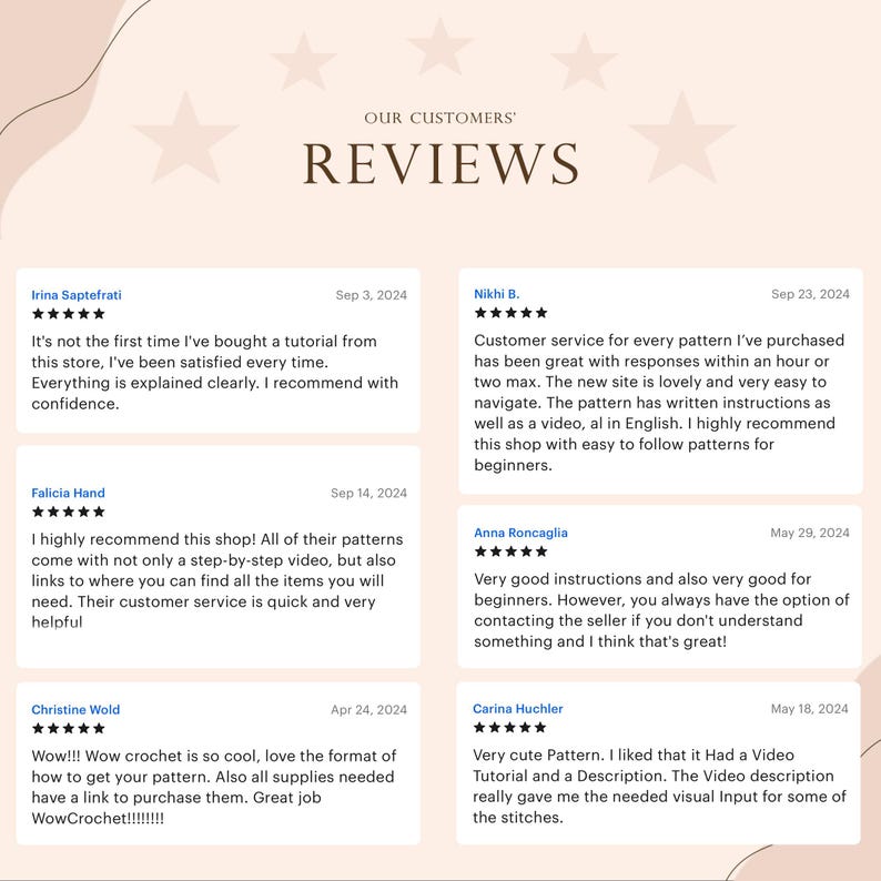 Puede incluir: Cinco rese&ntilde;as de clientes para una tienda de patrones de crochet. Cada rese&ntilde;a incluye una calificaci&oacute;n de estrellas, el nombre del cliente, la fecha de la rese&ntilde;a y un comentario escrito. Las rese&ntilde;as son positivas y destacan el servicio al cliente de la tienda, los patrones f&aacute;ciles de seguir y los &uacute;tiles tutoriales en video.