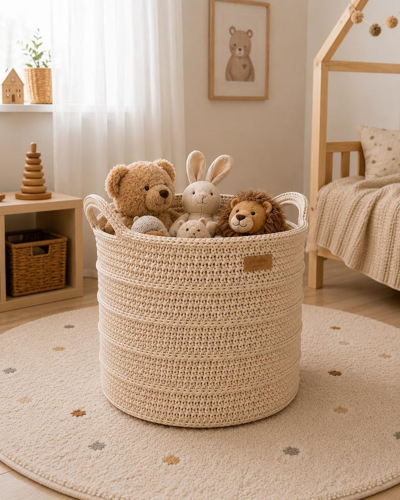 Puede incluir: Una cesta de almacenamiento redonda de tejido color crema con dos asas integradas, llena de varios peluches, incluyendo un oso marr&oacute;n, un conejo de color tostado claro y un le&oacute;n. Una peque&ntilde;a etiqueta rectangular de piel sint&eacute;tica est&aacute; fijada en el lateral.