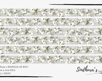 Cinta Washi Magnolia on Mist / Cinta Washi floral gris suave / Rollo de 10 m