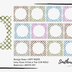 May include: A sheet of Soft Weave design loops with a repeating pattern of open circles framed by a woven grid. The loops are in various colors, including green, brown, blue, and purple. The material is Matte PET.