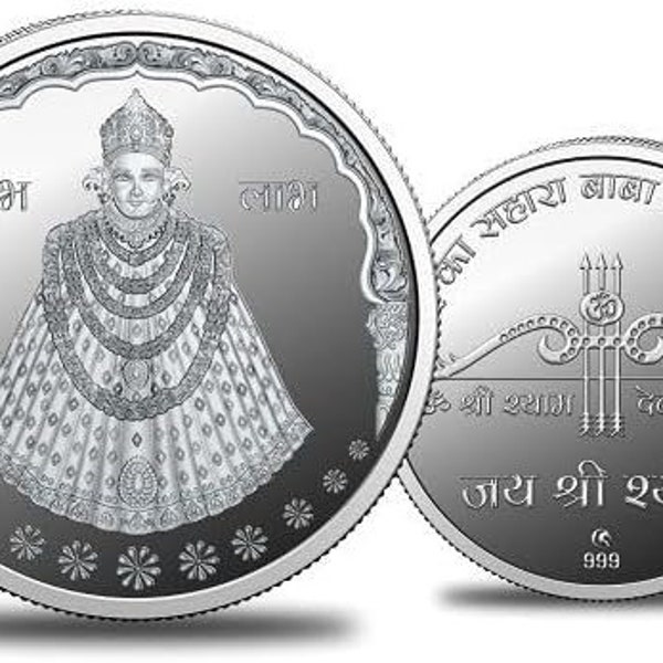 100% pure solid silver 10 grams Shri Khatu Shyam coin with his symbol bow and arrow on back side.teen baan dhari haare ka sahara.Free Ship
