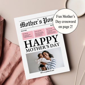 Regalo de periódico para la mejor mamá o mamá en el Día de la Madre, plantilla de Canva editable, inserto de ramo de flores único o tarjeta de felicitación, descarga instantánea