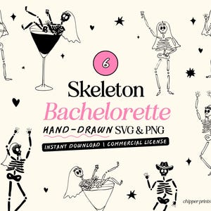 May include: A digital illustration with black and white skeleton figures in different poses, with the text "Skeleton Bachelorette" in pink. The image includes hearts, stars, and the number "6" in a pink circle.