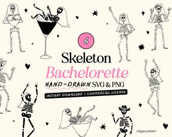Hand Drawn Skeleton Bride Tribe SVG PNG Clipart, Spooky Halloween Bachelorette Illustrations, Whimsical Doodles for Bach Party Invites Decor