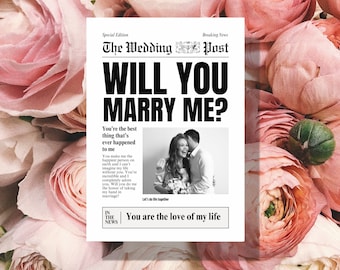 Modelo de jornal de proposta de você vai se casar comigo, ideia de noivado, presente de cartão com foto editável para parceiro, envoltório de buquê de flores para noiva DIY