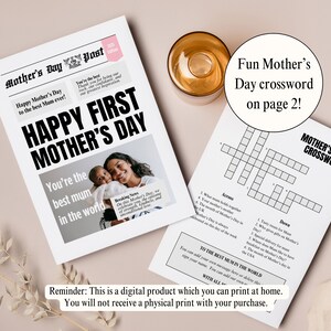 First Mothers Day Newspaper for New Mum, Fun Greeting Card Template with Crossword, Editable in Canva, Unique DIY Flower Bouquet Wrap Idea