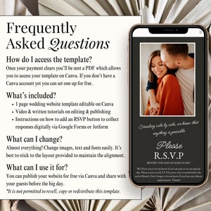 May include: A black and white wedding website template with a couple's photo on the front. The text on the template says "Standing side by side, we know that anything is possible." and "Please R.S.V.P. before the end of March 2023".