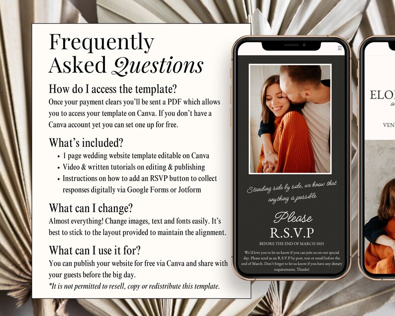 May include: A black and white wedding website template with a couple's photo on the front. The text on the template says "Standing side by side, we know that anything is possible." and "Please R.S.V.P. before the end of March 2023".