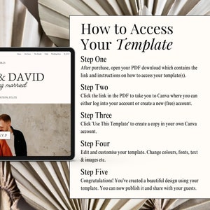 May include: A digital screen displaying a wedding website with the text "DISE & DAVID are getting married" and a photo of a couple. The screen is on a white background with a decorative fan behind it. The text "How to Access Your Template" is displayed in black text on a white background with five steps listed below.