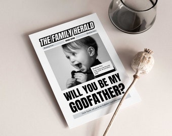 Könnte beinhalten: Eine schwarz-weiße Karte im Zeitungs-Stil mit einem Foto eines Babys und dem Text "THE FAMILY HERALD" und "WILL YOU BE MY GODFATHER?" Der Text unter dem Foto lautet "Breaking News" und "Uncle Taylor, will you be my Godfather? Love from Aiden."
