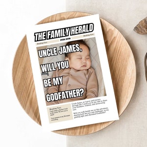 Idea proposta per il padrino, giornale Sarai il mio padrino, modello Canva modificabile, idea confezione regalo unica per lo zio, cartolina fotografica stampabile