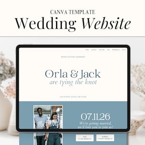 May include: A wedding website announcement with a blue background. The text reads "We're getting married! Orla & Jack are tying the knot." The date of the wedding is July 11, 2026. There are two buttons that say "Yes, I can make it" and "Sorry, I can't make it".