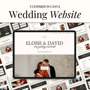 May include: A wedding website template with a black and white color scheme. The template features a photo of a couple embracing, with the text "Eloise & David are getting married" and the date "11.08.25".