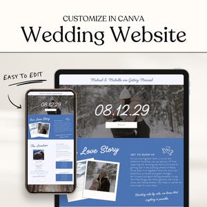 May include: A smartphone and tablet display a wedding website template. The website features a blue and white design with the text "Wedding Website" and "Customize in Canva." The date "08.12.29" is prominently displayed.