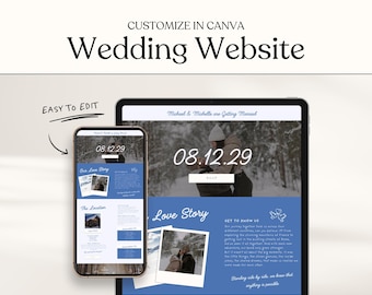 May include: A smartphone and tablet showcase a wedding website template. The design is blue and white, with the text "Wedding Website" and "Customize in Canva." The date "08.12.29" is displayed prominently on the website.