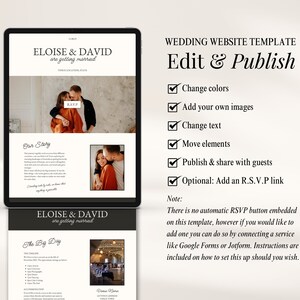May include: A wedding website template with a white background and black text. The template features a couple's names, "Eloise & David", and the text "are getting married". The template also includes a section for the couple's story, a section for the wedding day details, and a section for RSVP information. The template is customizable and can be edited to include the couple's own images and text.