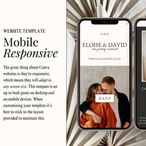 May include: A mobile phone mockup showing a wedding invitation website template with a photo of a couple and the text "Eloise & David are getting married" and "Venue Location, State".