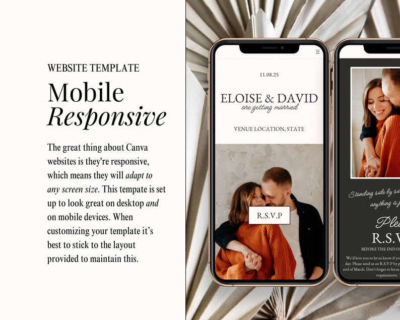 May include: A mobile phone mockup showing a wedding invitation website template with a photo of a couple and the text "Eloise & David are getting married" and "Venue Location, State".