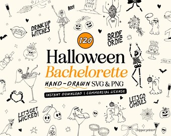 Hand Drawn Halloween Bachelorette SVG PNG Mega Bundle, 120 Spooky Clipart Illustrations for Bach Party Invites, Whimsical Fun Ghost Doodles