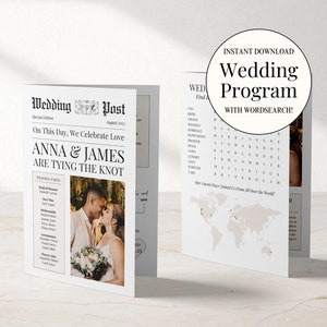 Może przedstawiać: Drukowany program ślubny z krzyżówką. Program ma projekt w stylu gazety z fotografią pary młodej. Tekst na programie brzmi "Wedding Post" i "On This Day, We Celebrate Love Anna & James Are Tying The Knot".