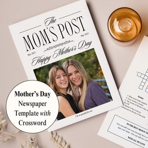 Plantilla de periódico del Día de la Madre para mamá o mamá, idea de regalo de tarjeta de felicitación divertida, editable en Canva, envoltura de regalo de ramo de flores