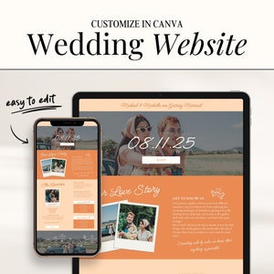 Aangepaste trouwwebsite voor digitale RSVP, Mini Canva-websitesjabloon voor retro kleurrijke bruiloft, aanpasbare DIY online Save The Date