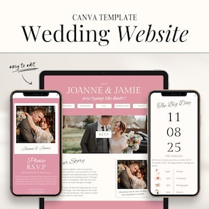 Custom Wedding Website for Digital RSVP, Mini Canva Website Template for Modern Destination Wedding, Customizable DIY Online Save The Date
