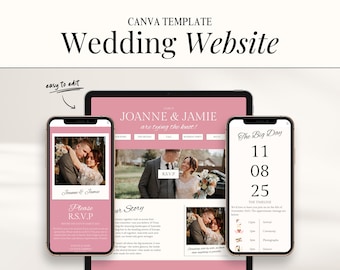Custom Wedding Website for Digital RSVP, Mini Canva Website Template for Modern Destination Wedding, Customizable DIY Online Save The Date