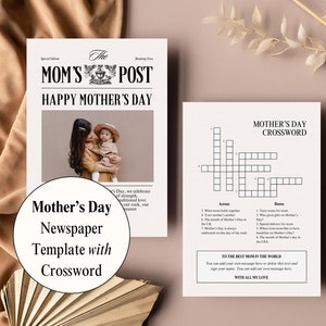 Plantilla de periódico para el Día de la Madre, editable en Canva, tarjeta de felicitación imprimible para mamá y mamá, envoltorio de regalo con ramo de flores personalizado