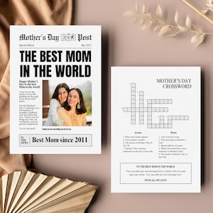 Plantilla de periódico del Día de la Madre para las mejores mamás y mamás, idea de regalo de envoltura de ramo de flores editable, tarjeta de felicitación A4 imprimible con bricolaje, editar en Canva