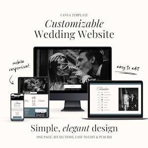 Sitio web de bodas para confirmación de asistencia digital, plantilla de sitio web Mini Canva editable para novias minimalistas, cronograma de pedido de servicio en línea para la ceremonia