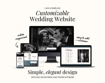 Site Web de mariage pour RSVP numérique, modèle de site Web mini-Canva modifiable pour une mariée minimaliste, calendrier des commandes de services en ligne pour la cérémonie