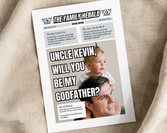 Könnte beinhalten: Eine Zeitungsannonce im Stil einer Zeitung mit einem Foto eines Mannes und eines kleinen Mädchens. Die Überschrift lautet "Onkel Kevin, willst du mein Pate sein?" Der Text unter dem Foto lautet "Onkel Kevin ist der beste Onkel der Welt. Wir lieben dich sehr. Deine Anwesenheit in meinem Leben bedeutet alles."