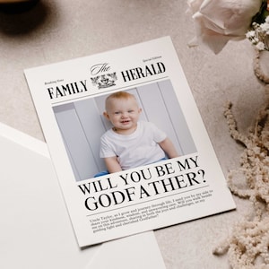 Propuesta de padrino, plantilla de periódico para caja de regalo Will You Be My Godparent, tarjeta fotográfica DIY editable en Canva, descarga instantánea