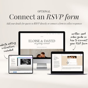 May include: A computer screen displaying a wedding website with the text "ELOISE & DAVID are getting married".  A laptop and tablet are also shown, both displaying video tutorials on how to connect an RSVP form to the website.  The text "Connect an RSVP form" is displayed at the top of the image.