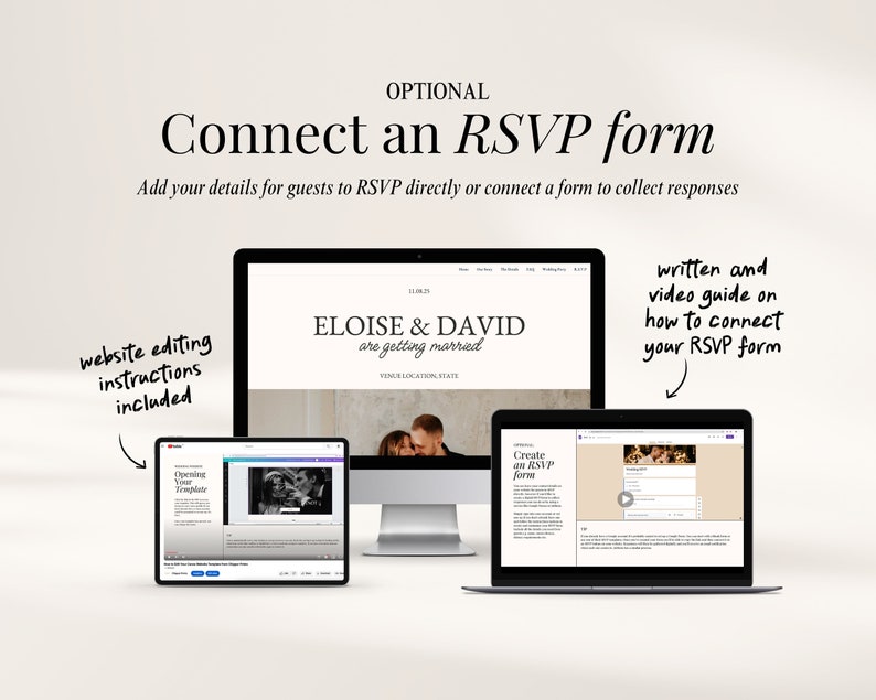 May include: A computer screen displaying a wedding website with the text "ELOISE & DAVID are getting married".  A laptop and tablet are also shown, both displaying video tutorials on how to connect an RSVP form to the website.  The text "Connect an RSVP form" is displayed at the top of the image.