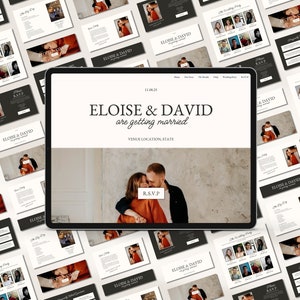 May include: A wedding website on a tablet screen with a photo of a couple embracing. The website is titled "Eloise & David are getting married" and includes the date, venue, and RSVP button.