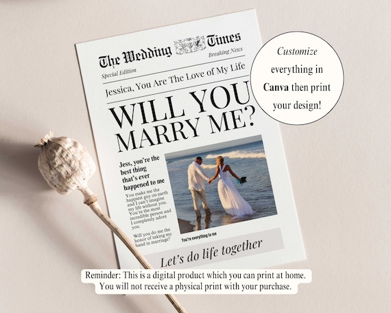Will You Marry Me Engagement Proposal, Canva Newspaper Template, Printable Flower Bouquet Wrap or Insert, Editable Digital Card