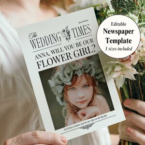 フラワーガールのプロポーズテンプレート、花嫁介添人の写真カードギフト、カスタム新聞、即時ダウンロード、Canvaで編集、DIYウェディング印刷可能