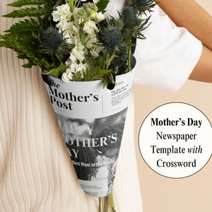 Mothers Day Newspaper Template with Crossword, DIY Editable Card for Best Mom Ever, Printable 1 Page Custom Flower Bouquet Gift Wrap Idea